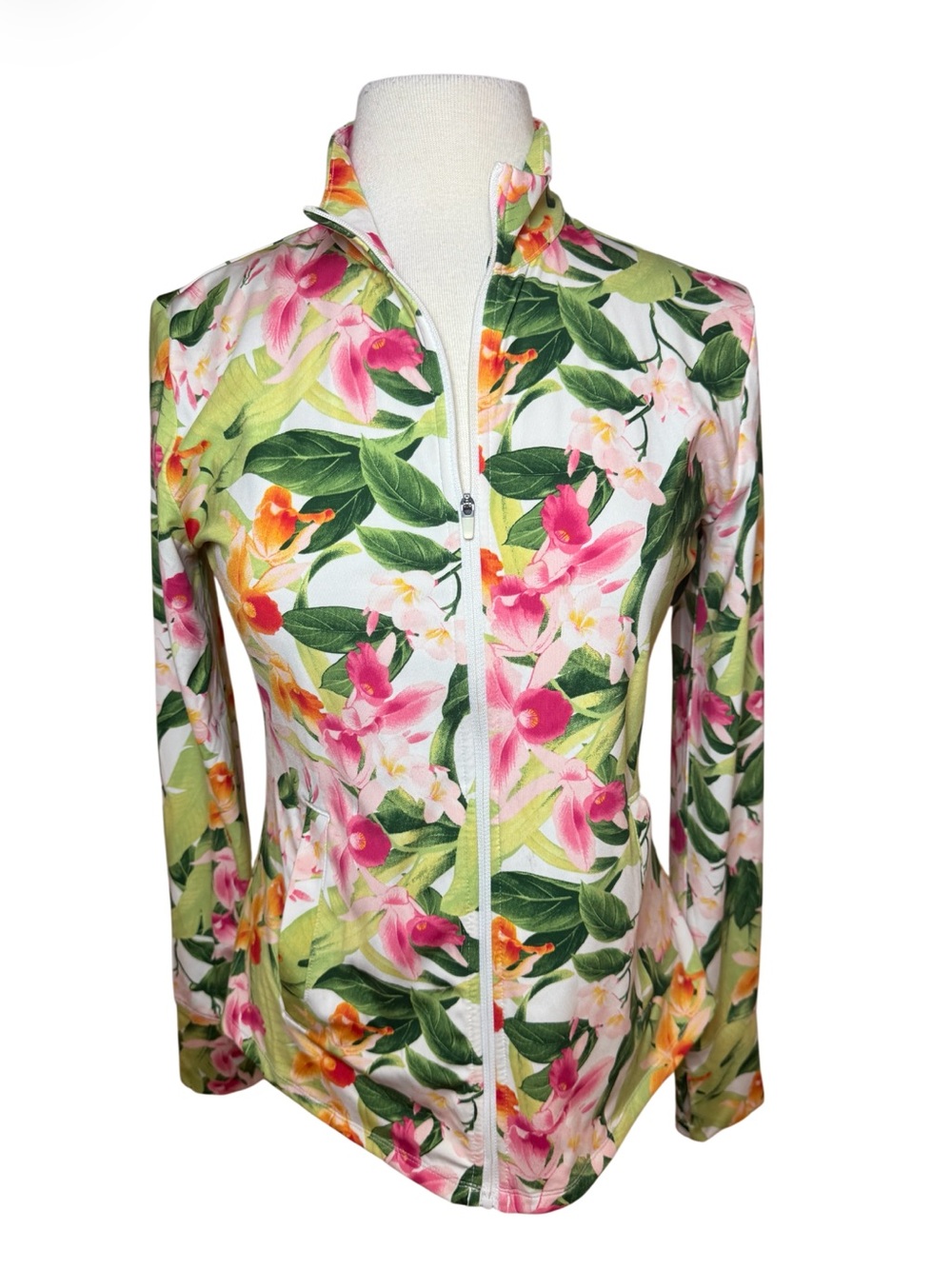 Tommy Bahama Tropical Floral Zip Active Jacket - Pink, Green & Yellow-Size M